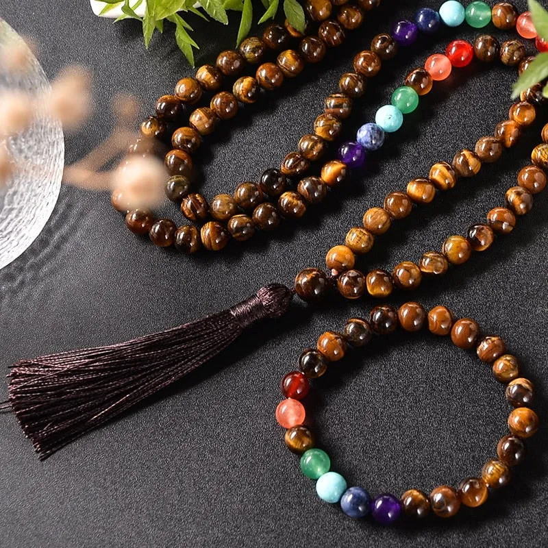 8mm Yellow Tiger Eye 7 Chakra Beaded Necklace