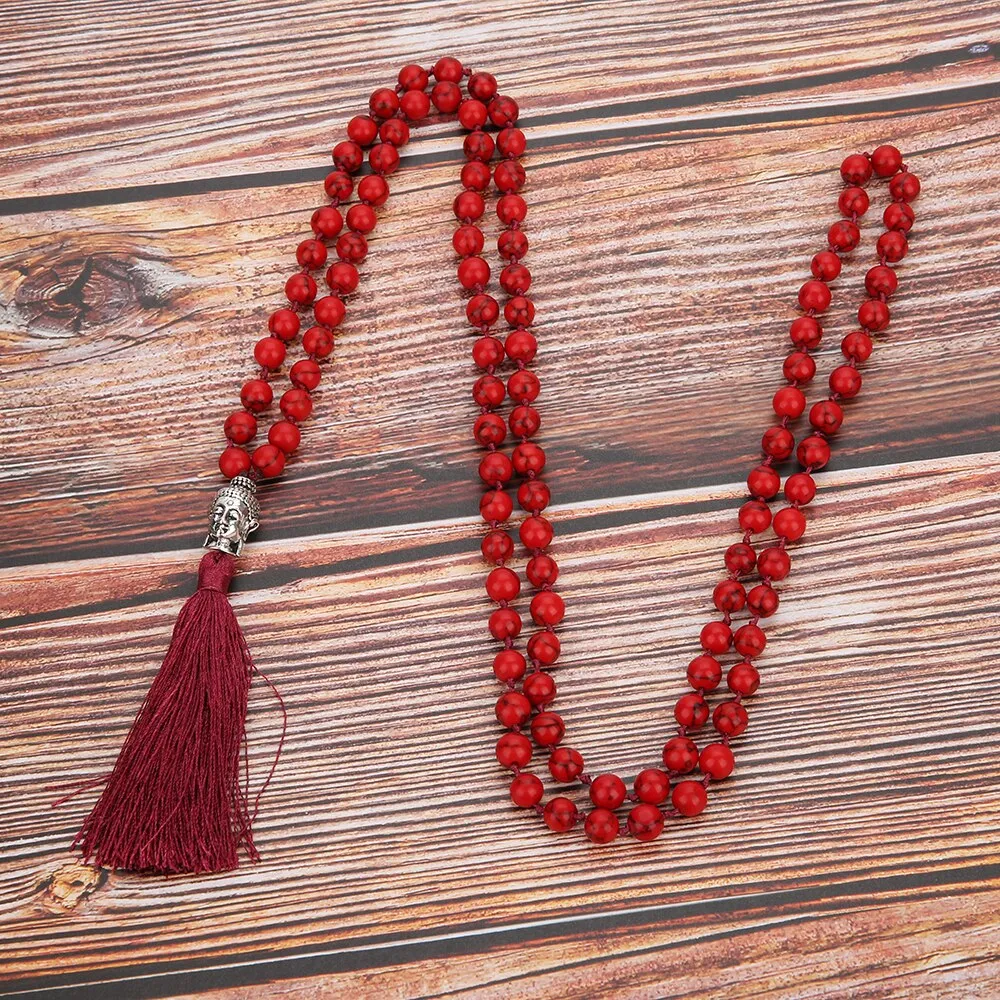 Boho 108 Mala Beaded Knotted Semi-precious Stone Jewelry Buddha Head Tassel Pendant Long Necklace