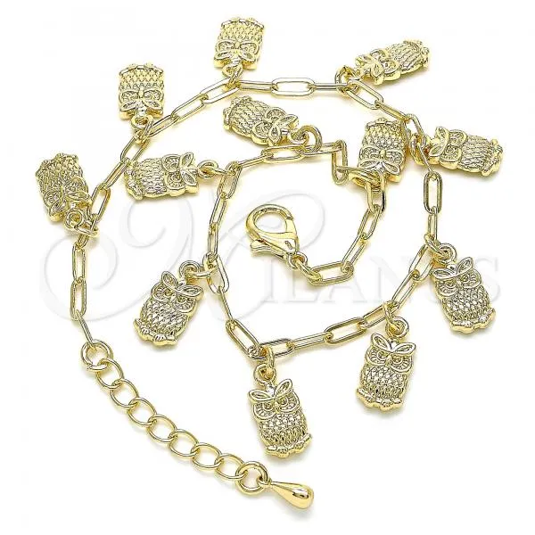 Oro Laminado Charm Anklet , Gold Filled Style Owl and Paperclip Design, Polished, Golden Finish, 03.372.0022.10